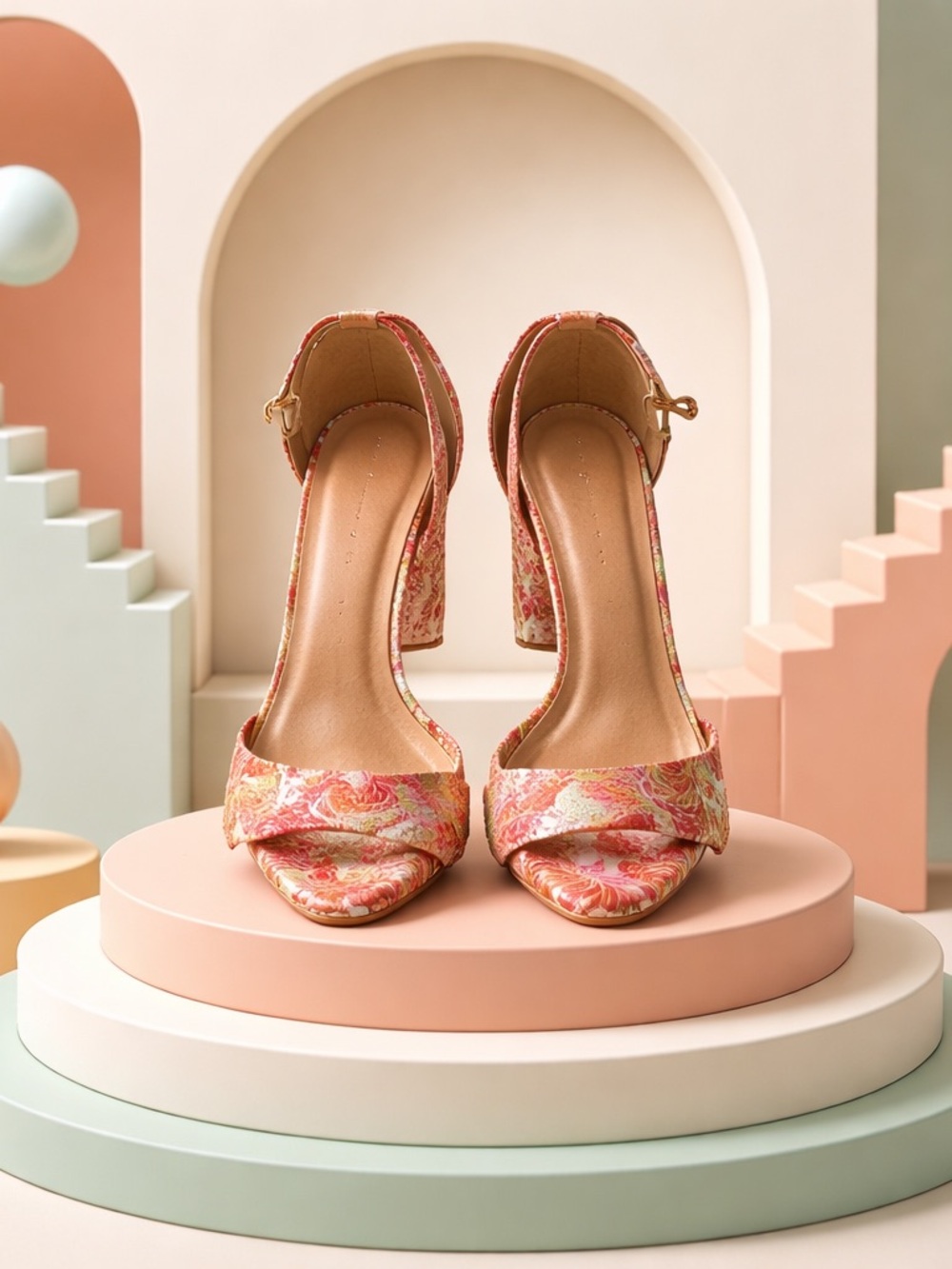 New Look Pink Floral Block Heels with Ankle Strap